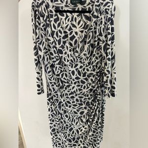Lauren Ralph Lauren Dress Size 18 Faux Wrap Sheath Floral Gray, White 3/4 Sleeve
